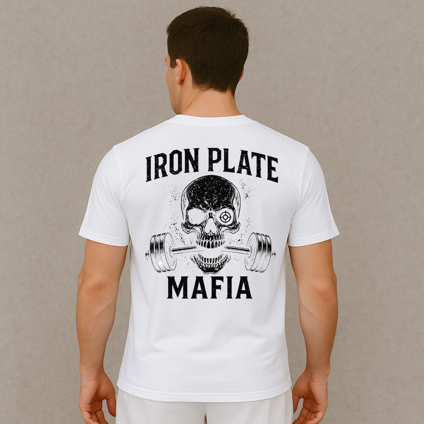 White gym shirt with barbell skull design on model – Iron Plate Mafia