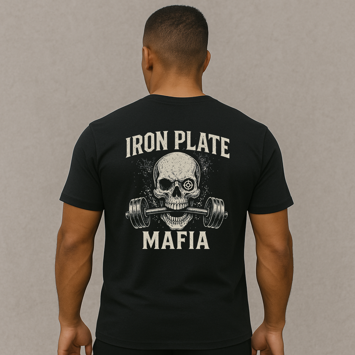 Black gym shirt with barbell skull design on model – Iron Plate Mafia