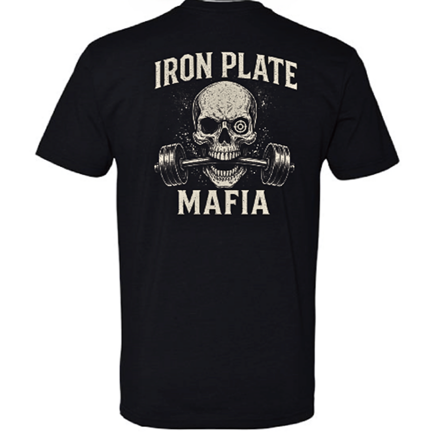 Black gym shirt with barbell skull design on shirt – Iron Plate Mafia