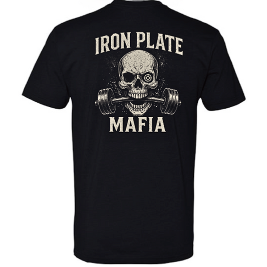 Black gym shirt with barbell skull design on shirt – Iron Plate Mafia