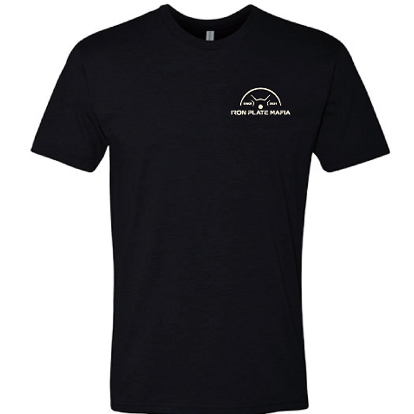 Black gym shirt with barbell skull design – Iron Plate Mafia front logo