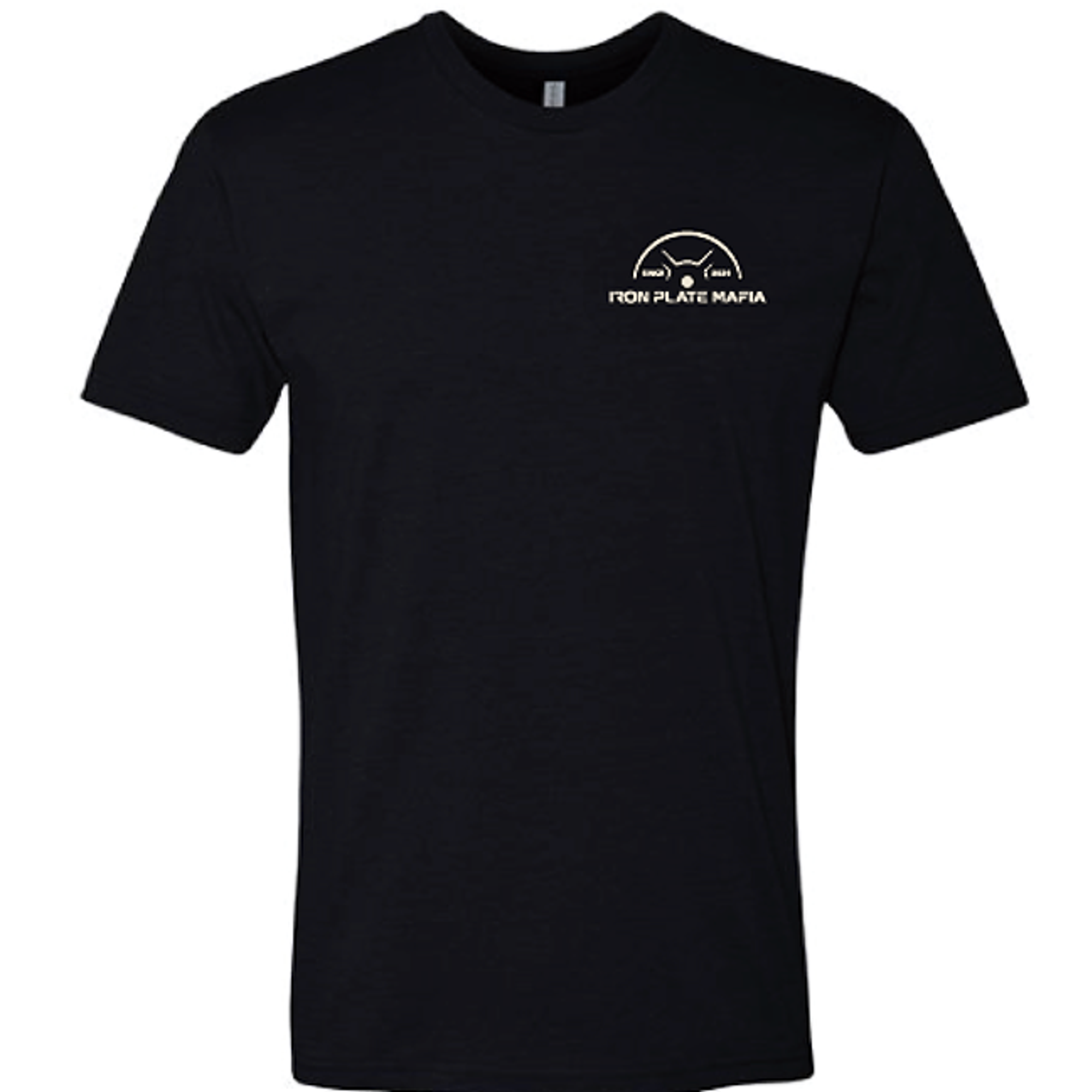 Black gym shirt with barbell skull design – Iron Plate Mafia front logo
