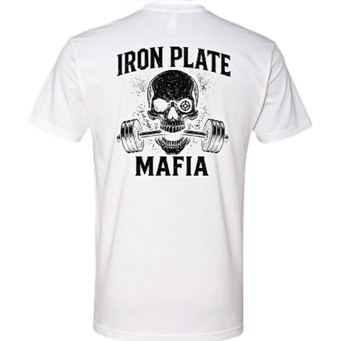 White gym shirt with barbell skull design on shirt – Iron Plate Mafia