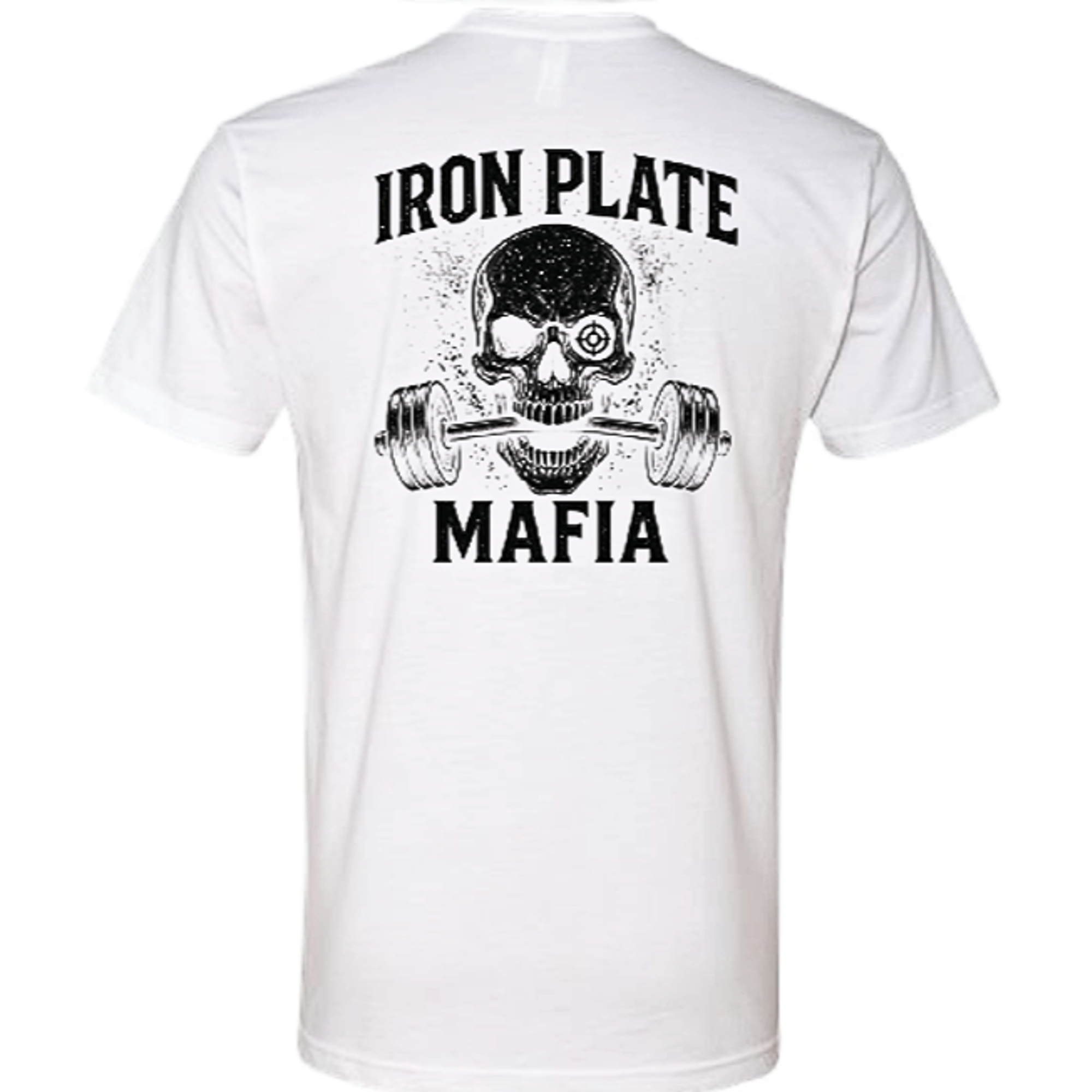 White gym shirt with barbell skull design on shirt – Iron Plate Mafia