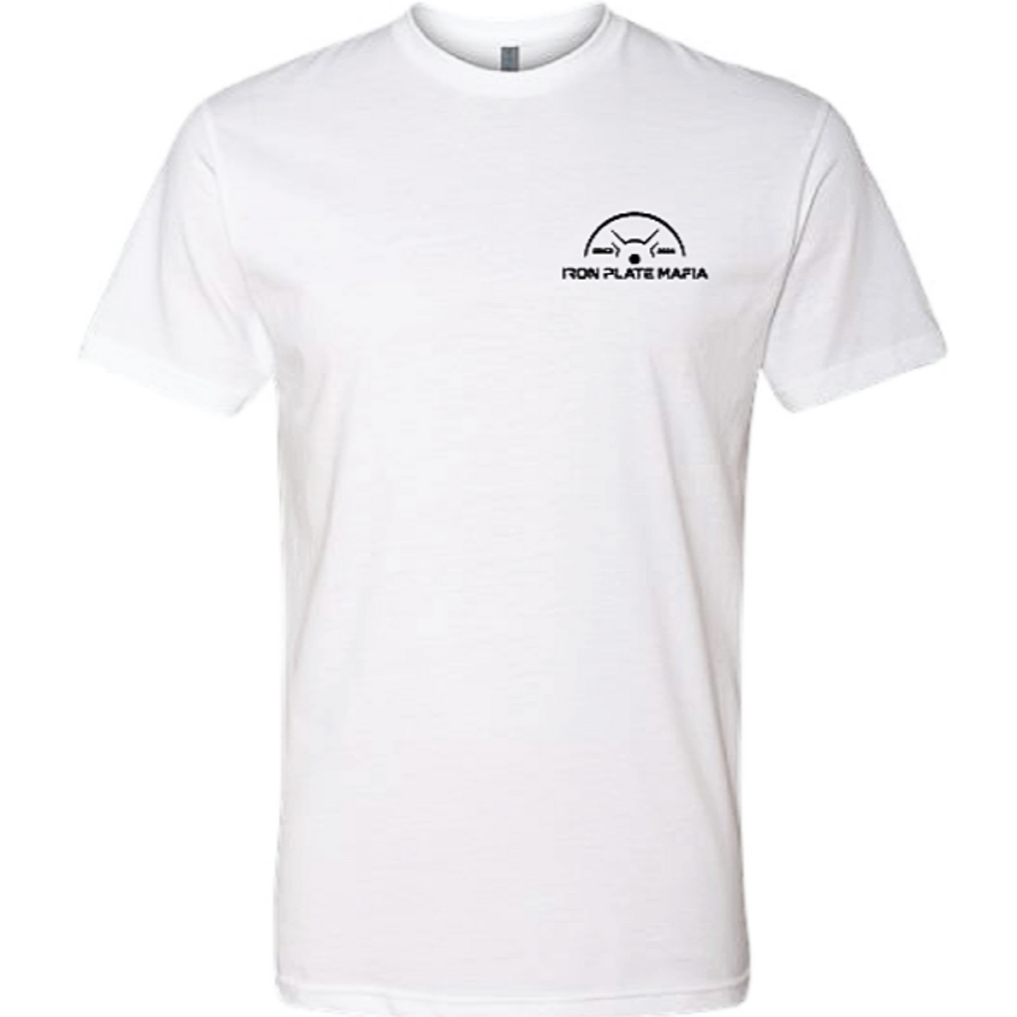 White gym shirt with barbell skull design on shirt – Iron Plate Mafia logo on front